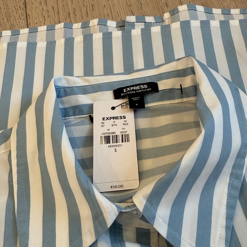 Express Stretch Cotton Poplin Stripped Short Sleeve Cropped Button Down Shirt - Picture 7 of 13